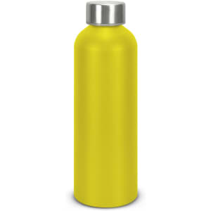 A drink bottle in bright yellow with a silver lid, featuring a smooth, matte finish and a logo.