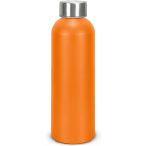 A drink bottle in vibrant orange with a silver screw-top lid. It features a branded logo.