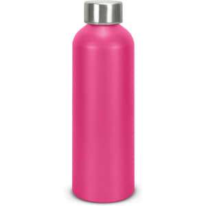 A drink bottle in vibrant pink with a stainless steel cap. It features a logo on the surface.
