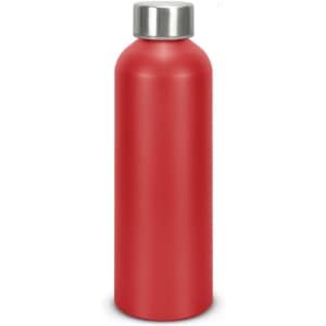 A drink bottle in matte red aluminium with a silver stainless steel lid, featuring a logo.