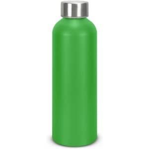 A drink bottle in vibrant green aluminium with a silver cap and a visible logo.