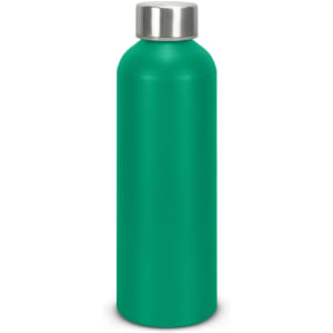 A green recycled aluminium drink bottle with a silver metal cap and a smooth finish.