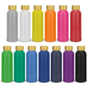 A drink bottle collection featuring various colours including silver, white, yellow, pink, red, orange, green, navy, and black, with gold caps.
