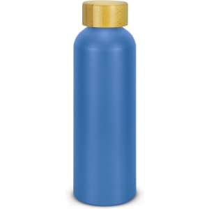 A drink bottle in a blue finish with a wooden cap, featuring a simple design and a logo.