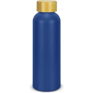 A drink bottle made of recycled aluminium, featuring a deep blue body and a wooden-style lid. Includes a logo.