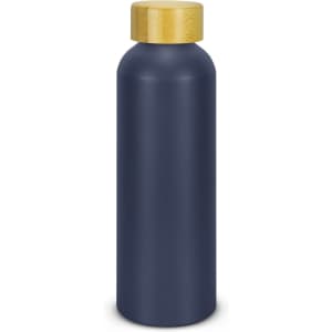 A drink bottle in navy blue with a wooden cap. It features a simple design and has a logo on the side.