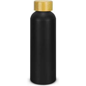 A drink bottle made of recycled aluminium, featuring a matte black finish and a wooden cap.
