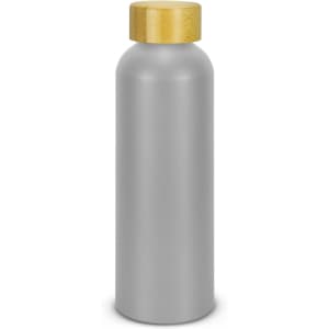 A drink bottle in a sleek grey finish with a wooden-style lid. It features a simple design and has a logo.