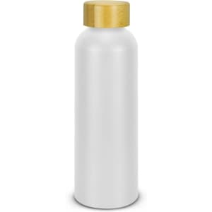 A drink bottle in white with a wooden lid, featuring a logo on the side.