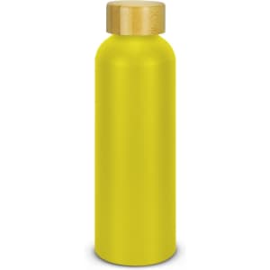 A drink bottle in bright yellow with a wooden lid, featuring a logo on the side.
