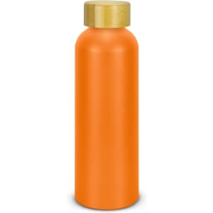 An orange drink bottle with a wooden lid and a small logo on the side.