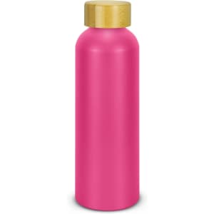 A drink bottle in vibrant pink with a wooden-look cap and a logo on the side.