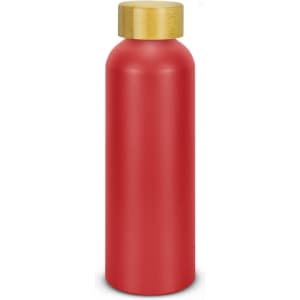 A drink bottle in vibrant red with a gold cap and a smooth, matte finish. Features a logo on the surface.