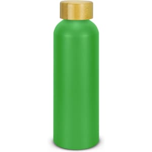 A green aluminium drink bottle with a wooden-look lid and a minimalistic design. It features a logo.