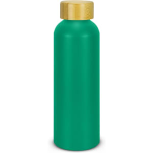 A drink bottle in a vibrant green colour with a wooden lid, featuring a logo on the side.