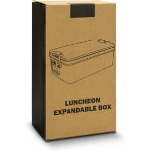 A brown cardboard box containing a drawing of a grey expandable lunch box and a logo.