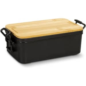 An expandable lunch box with a sleek black base and a wooden bamboo lid, featuring side handles.