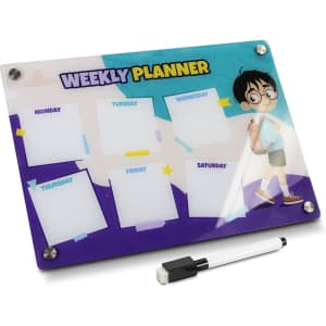 A magnetic weekly planner in vibrant blue and purple, featuring a cartoon character and a whiteboard marker.