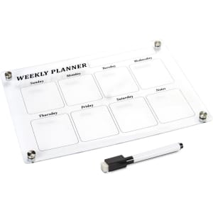 A clear acrylic weekly planner with sections for each day and a whiteboard marker included. Features chrome corners.