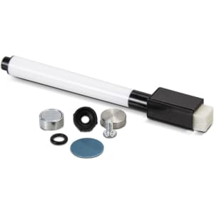 A magnetic fridge planner set featuring a white marker, eraser, magnets, and assorted accessories in silver and black.