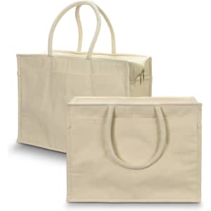 A cream-coloured shopping cooler tote with zip closure and sturdy handles, featuring a plain design and a branding logo.