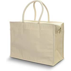A large beige shopping cooler tote with sturdy handles and a zippered compartment. Features a simple design.
