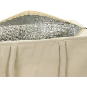 A cream-coloured cooler tote with a silver insulated interior and sturdy handles. It has a zippered opening.