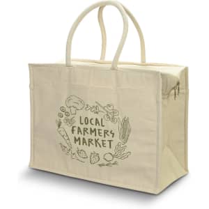 A beige cooler tote bag with a zip and handles, featuring illustrations of vegetables and a logo.