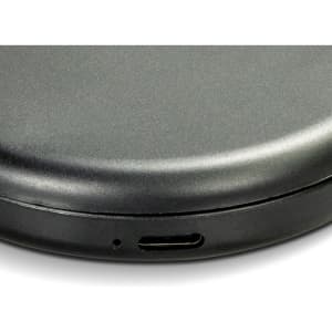 A compact mirror in a sleek black finish with a USB-C charging port on the side.