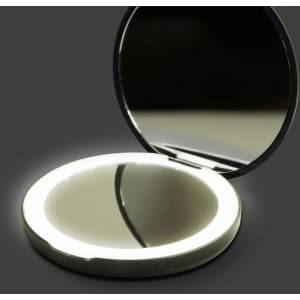 A round, silver compact mirror with an LED light surrounding the edge, opened to reveal a reflective interior.