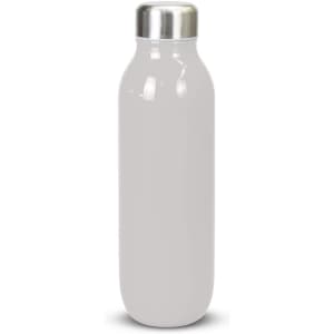 A drink bottle in a sleek white finish with a silver stainless steel lid and a smooth surface.