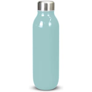 A drink bottle in light blue with a stainless steel lid and a sleek, cylindrical design.