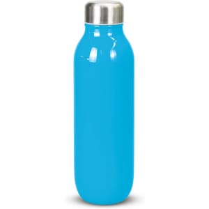 A drink bottle in bright blue with a stainless steel lid, featuring a smooth, sleek design.