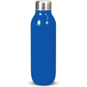 A drink bottle in bright blue with a sleek design and a stainless steel lid, featuring a logo.