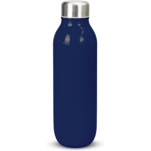 A drink bottle in a navy blue colour with a stainless steel cap and a sleek design. It features a logo.