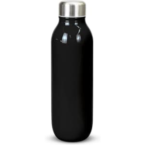 A drink bottle in sleek black with a stainless steel lid and a minimalist design. It features a logo.