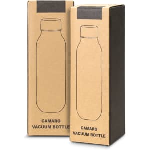 A drink bottle in a simple, tall design, presented in a brown cardboard box with a logo.