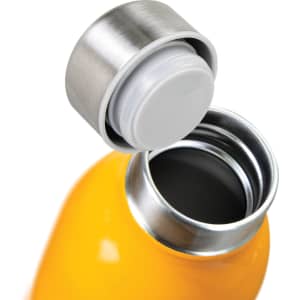 A drink bottle in bright yellow with a stainless steel cap and a wide opening. It features a logo.