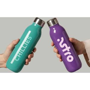A drink bottle in teal and a drink bottle in purple, both with metallic caps and branding.