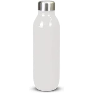 A drink bottle in white with a stainless steel lid and a sleek, modern design. It features a logo.