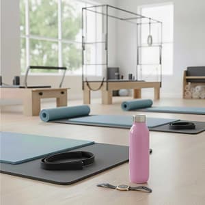 A pink vacuum drink bottle sits on a gym floor among exercise mats and equipment.