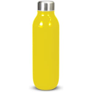 A drink bottle in bright yellow with a stainless steel cap and a sleek, modern design.