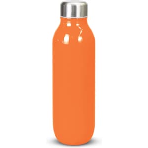 An orange vacuum bottle with a stainless steel cap and a sleek, smooth design.