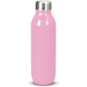 A drink bottle in a glossy pink finish with a stainless steel lid and a sleek design.