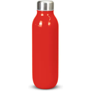 A drink bottle in bright red with a stainless steel lid and a smooth, curved design. It features a logo.