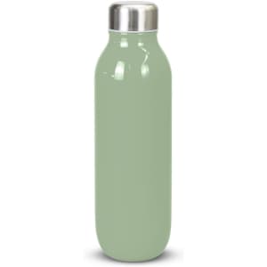 A drink bottle in a soft green colour with a stainless steel lid and a sleek, streamlined design.