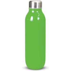 A drink bottle in bright green with a stainless steel cap and a smooth, glossy finish. It features a logo.