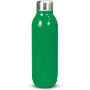 A drink bottle in a vibrant green colour with a sleek design and a stainless steel cap. It features a logo.
