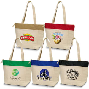 A cotton cooler tote in various colours, featuring multiple designs and a logo on each bag.