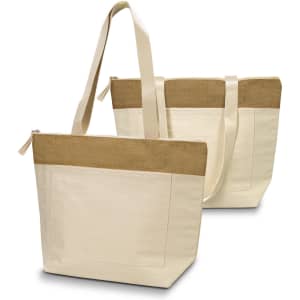 A cream cotton cooler tote bag with a brown fabric panel and long handles, featuring a zip closure and a logo.